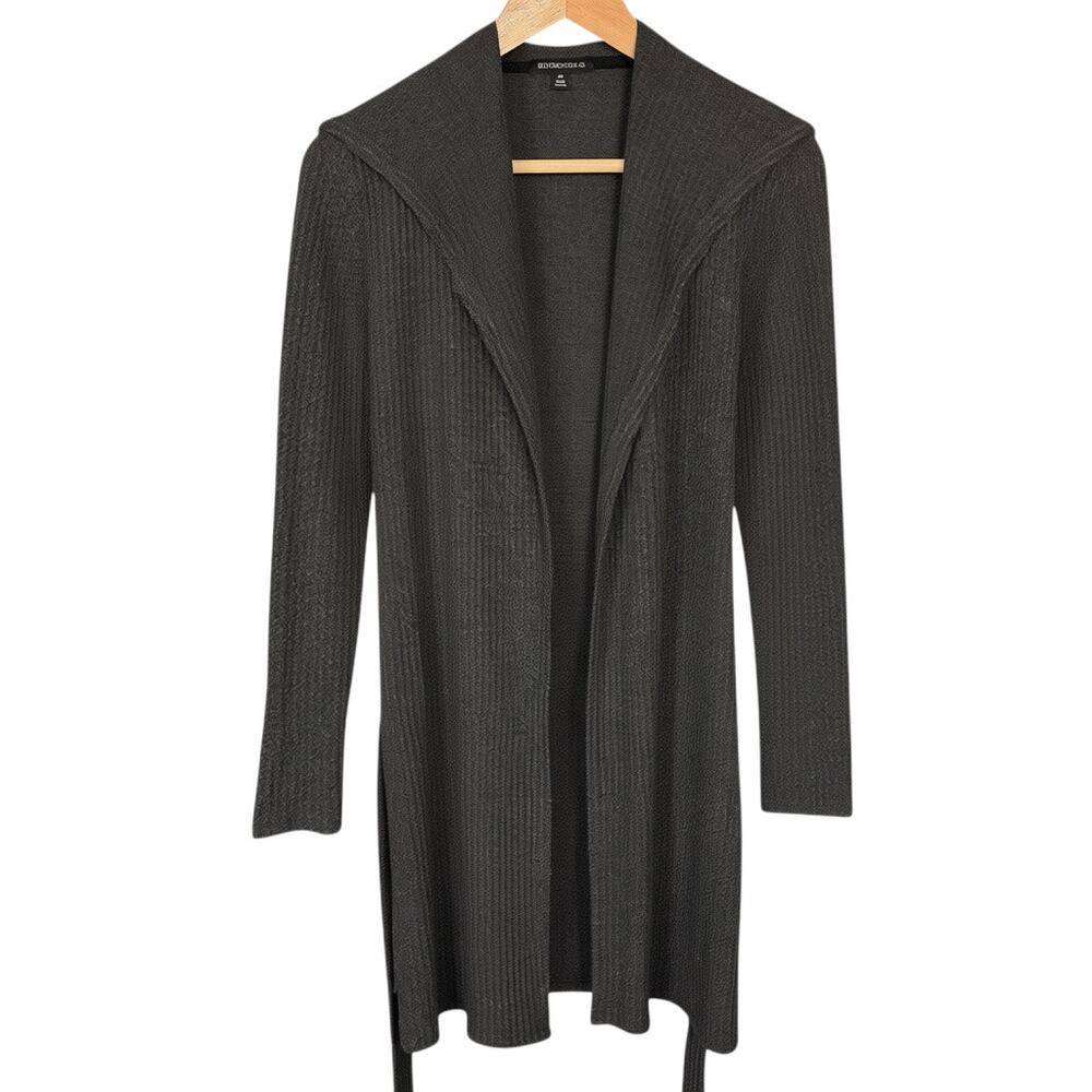 Beyond Yoga Sweater Cardigan Womens XS Gray Rayon Hooded Belted Waffle Knit